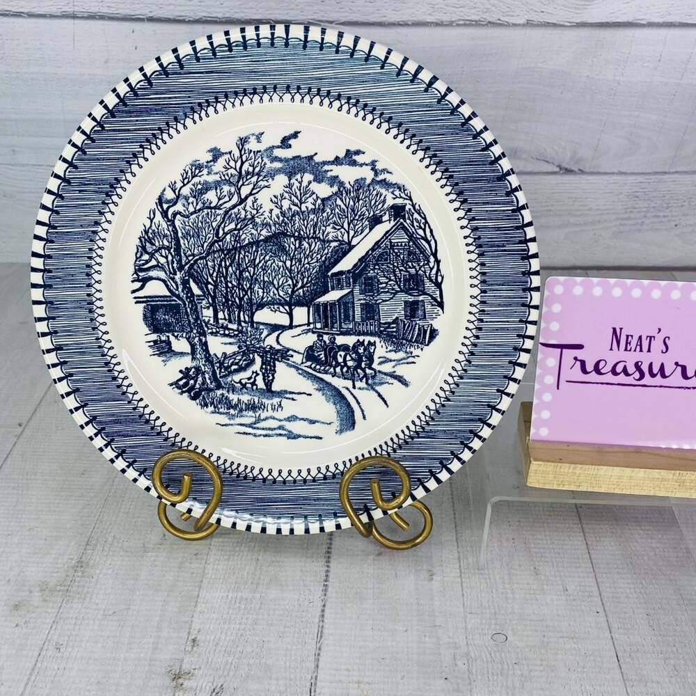 Edwin Knowles COUNTRY LIFE Currier Ives Print Dark Blue White One Dinner Plate
